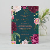 Gold & Emerald Green Floral Wedding Folie Uitnodiging (Staand Voorkant)