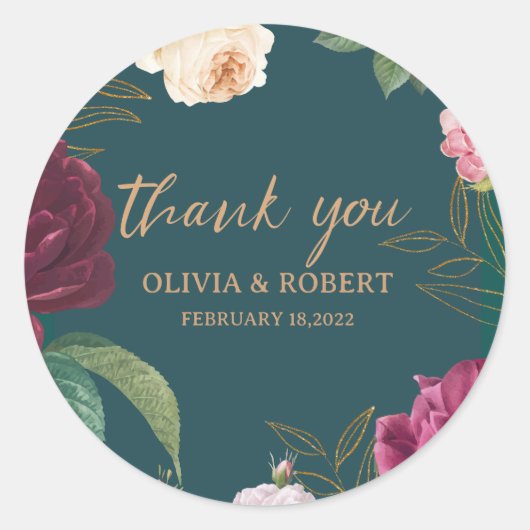 Gold & Emerald Green Floral Wedding Ronde Sticker (Voorkant)