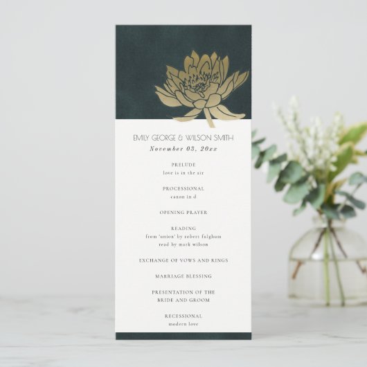 GOLD EMERALD GREEN LOTUS WEDDING CEREMONY PROGRAMM MENU (Staand voorkant)