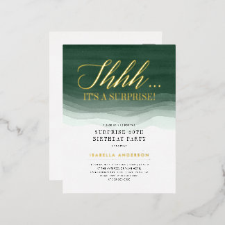 Gold & Emerald Green Waterverf Verrassingsdag Folie Uitnodiging Briefkaart