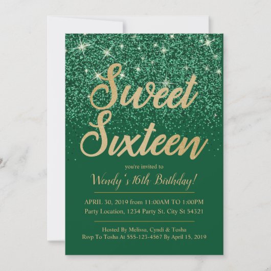 Gold Emerald Sweet 16 Invitations d'anniversaire (Devant)