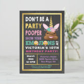 Gold Emoji Party Pooper Unicorn Birthay Invitation (Debout devant)