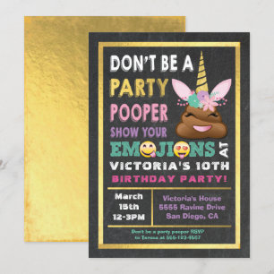 Gold Emoji Party Pooper Unicorn Birthay Invitation