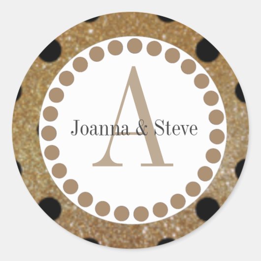 Gold en Blacb Polka Dot Moogram Sickers. Ronde Sticker (Voorkant)