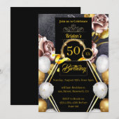 Gold en Black 50th Birthday Invitation Kaart (Voorkant / Achterkant)