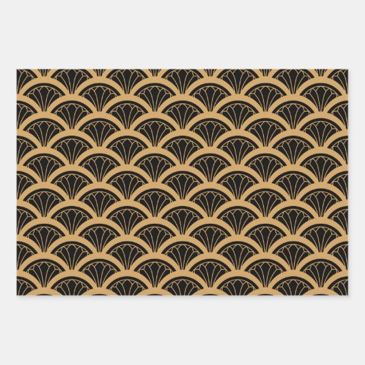 Gold en Black Art Deco Fan Flower Pattern Inpakpapier Vel (Voorkant)
