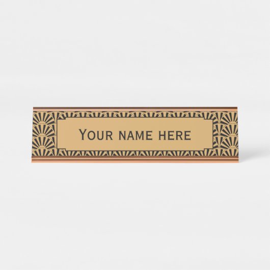 Gold en Black Art Deco Fan Flowers Motif Bureau Naambordje (Voorkant)