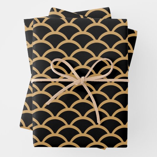 Gold en Black Art Deco Fish Scale Pattern Inpakpapier Vel (In situ)