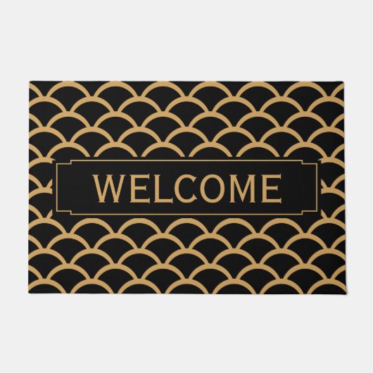 Gold en Black Art Deco Fish Scale Pattern Welkom Deurmat (Voorkant)