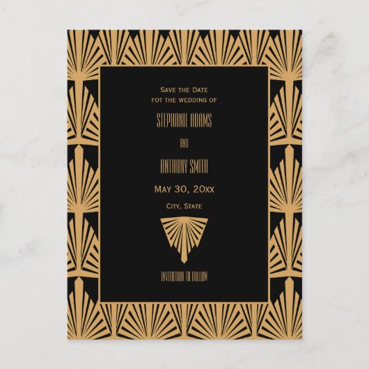 Gold en Black Art Deco Patroon Opslaan Datum Aankondigingskaart (Voorkant)