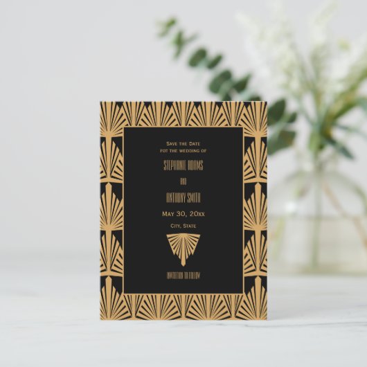 Gold en Black Art Deco Patroon Opslaan Datum Aankondigingskaart (Staand voorkant)