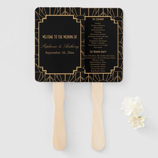Gold en Black Art Deco Pattern Wedding Handwaaier (Voorkant en achterkant)