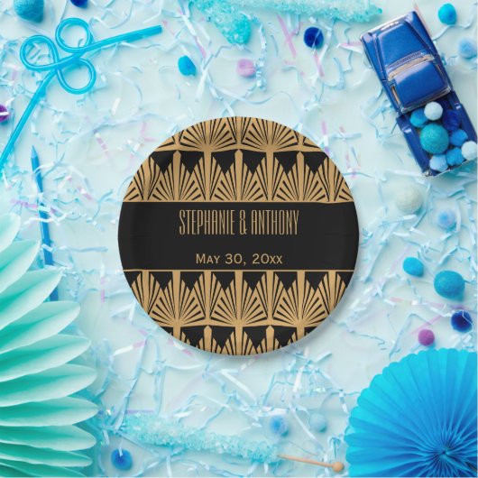 Gold en Black Art Deco Pattern Wedding Papieren Bordje (Feest)