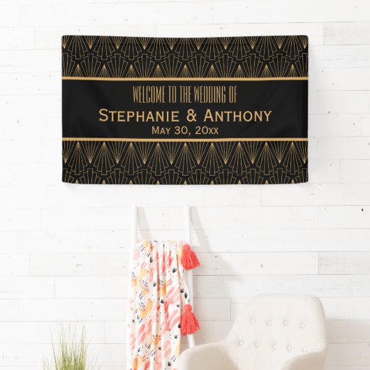 Gold en Black Art Deco Pattern Wedding Spandoek (Insitu)