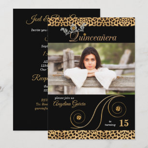 Gold en Black Cheetah Print Quinceanera Party Kaart