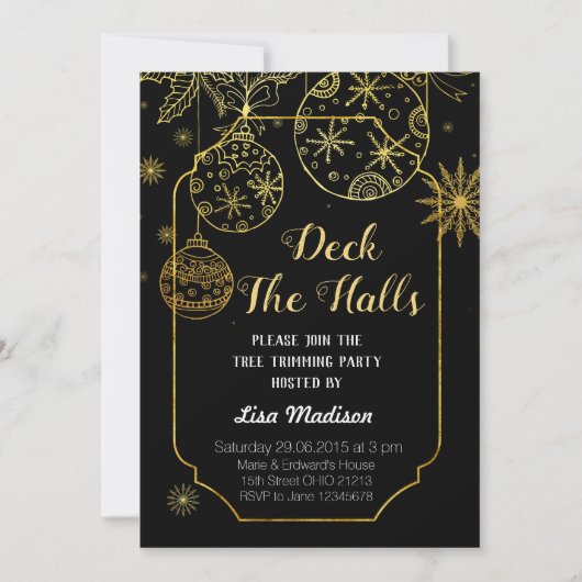 Gold en Black Decing The Halls Party Invitation Kaart (Voorkant)