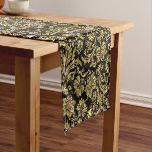 Gold en Black Floral Damask Pattern Korte Tafelloper