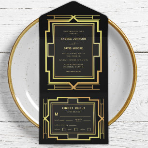Gold en Black Gatsby Lijst Retro Art Deco Wedding All In One Uitnodiging