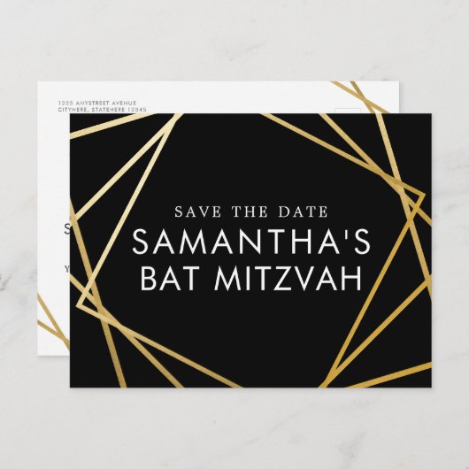 Gold en Black Modern Bat Mitzvah Save the Date Aankondigingskaart (Voorkant / Achterkant)