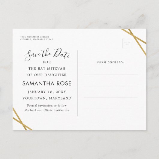 Gold en Black Modern Bat Mitzvah Save the Date Aankondigingskaart (Achterkant)