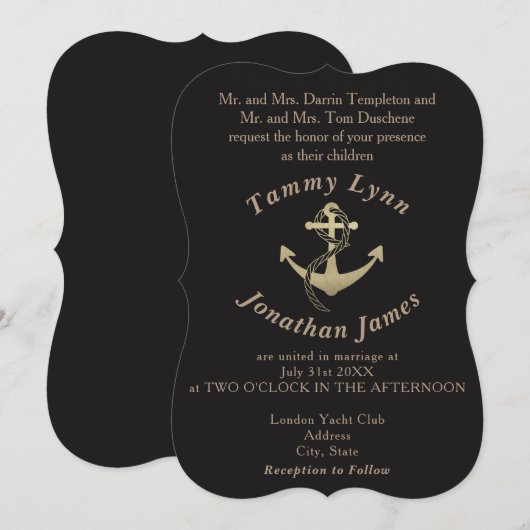 Gold en Black Nautical Wedding Invitations Kaart (Voorkant / Achterkant)