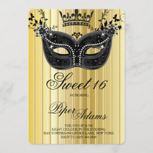 Gold en Black Sweet 16 Masquerade Invitation Kaart