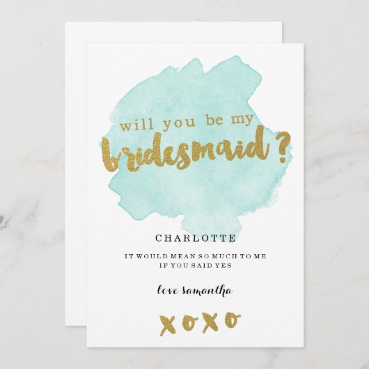 Gold en Blauwgroen Blush Wil jij mijn bruidsmeisje Kaart (Voorkant / Achterkant)