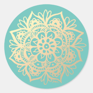 Gold en Blauwgroen Mandala Flower Ronde Sticker