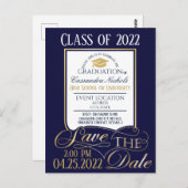 Gold en Blue Afstuderen Invitation Briefkaart (Voorkant / Achterkant)