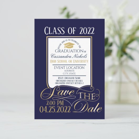 Gold en Blue Afstuderen Invitation Briefkaart (Staand voorkant)