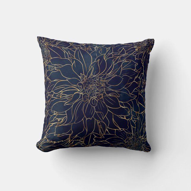 Gold en Blue Dahlia Flower Kussen (Voorkant)