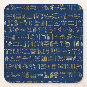 Gold en Blue Egyptian Hieroglyphs Pattern Vierkante Kartonnen Onderzetter