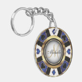 Gold- en Blue Poker-chipontwerp - Monogram Sleutelhanger (Voorkant Links)