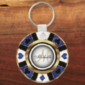 Gold- en Blue Poker-chipontwerp - Monogram Sleutelhanger (Voorkant)