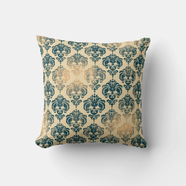 Gold en  Blue Rustic Modern Glam Damask Kussen (Voorkant)