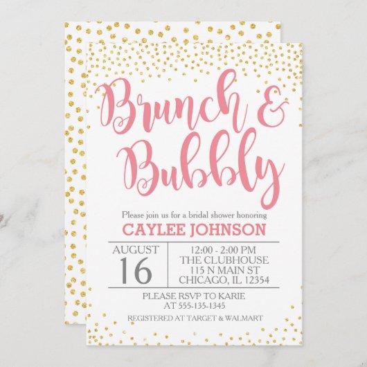 Gold en Blush Brunch en Bubble Shower Invitation Kaart (Voorkant / Achterkant)