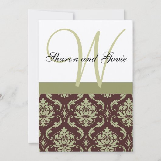 Gold en Brown Damask Monogram Wedding Uitnodiging (Voorkant)