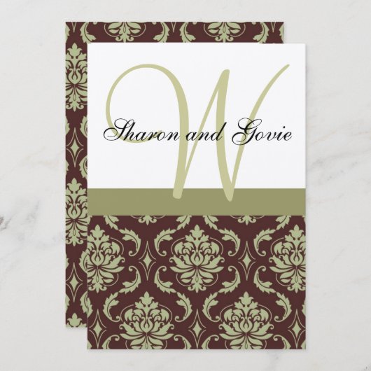 Gold en Brown Damask Monogram Wedding Uitnodiging (Voorkant / Achterkant)