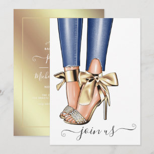 Gold en Denim Fashionista Bachelorette Invitation Kaart
