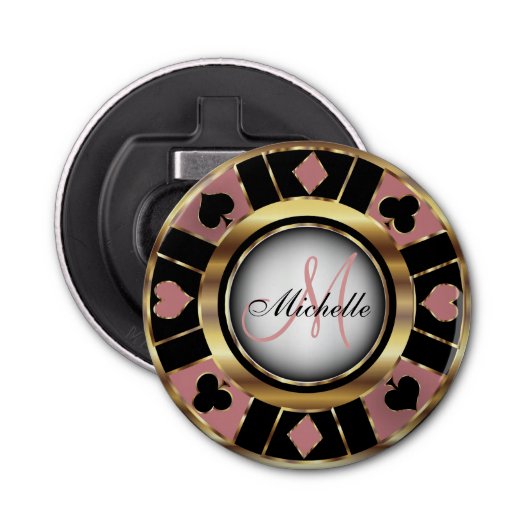Gold en Dusty Roos Poker Chip Design - Monogram Button Flesopener (Voorkant)