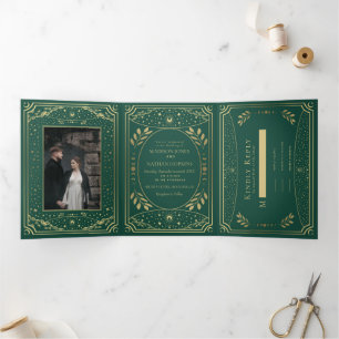 Gold en Emerald Elegant Tarot Wedding Drieluik Uitnodiging