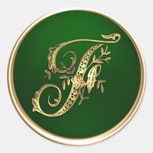 Gold- en Emerald Monogram F Envelope Seal Ronde Sticker (Voorkant)
