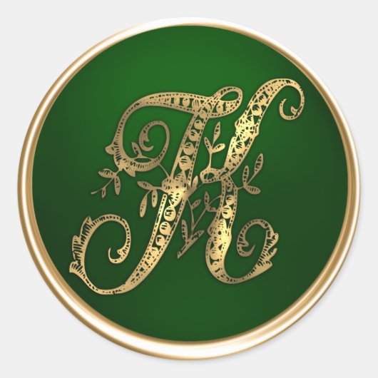Gold- en Emerald Monogram K Envelope Seal Ronde Sticker (Voorkant)