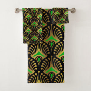 Gold en green Art Deco-patroon op zwart Bad Handdoek