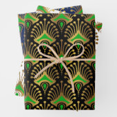 Gold en green Art Deco-patroon op zwart Inpakpapier Vel (In situ)