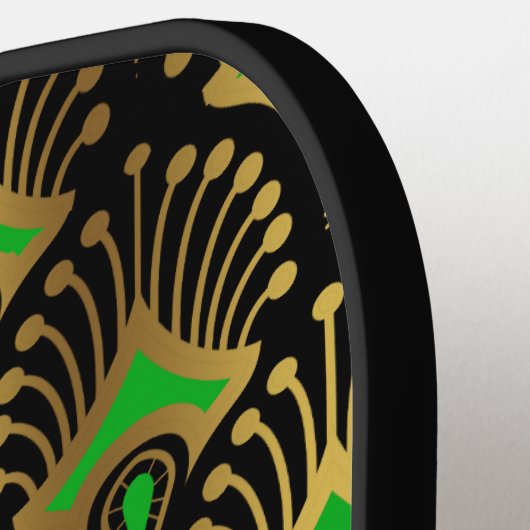 Gold en green Art Deco-patroon op zwart Pickleball Paddle (Links Detail)