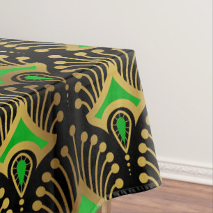 Gold en green Art Deco-patroon op zwart Tafelkleed