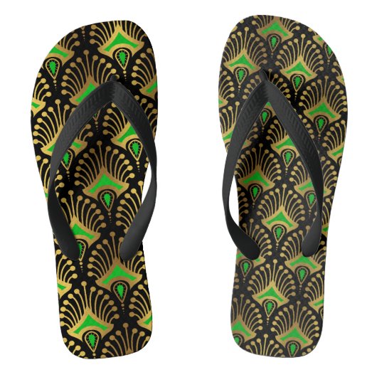 Gold en Green Art Deco patroon op zwart Teenslippers (Voetbed)