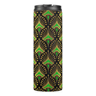 Gold en green Art Deco-patroon op zwart Thermosbeker
