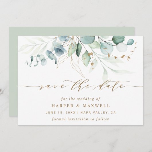 Gold en Green Botanical Wedding Save The Date (Voorkant / Achterkant)